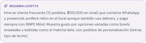 Resumen de Loopyta en el chat de un cliente, con su historial de pedidos y gustos