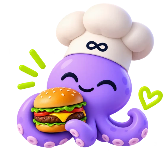 Mascota de Loopy, un pulpo con gorro de chef comiendo una hamburguesa